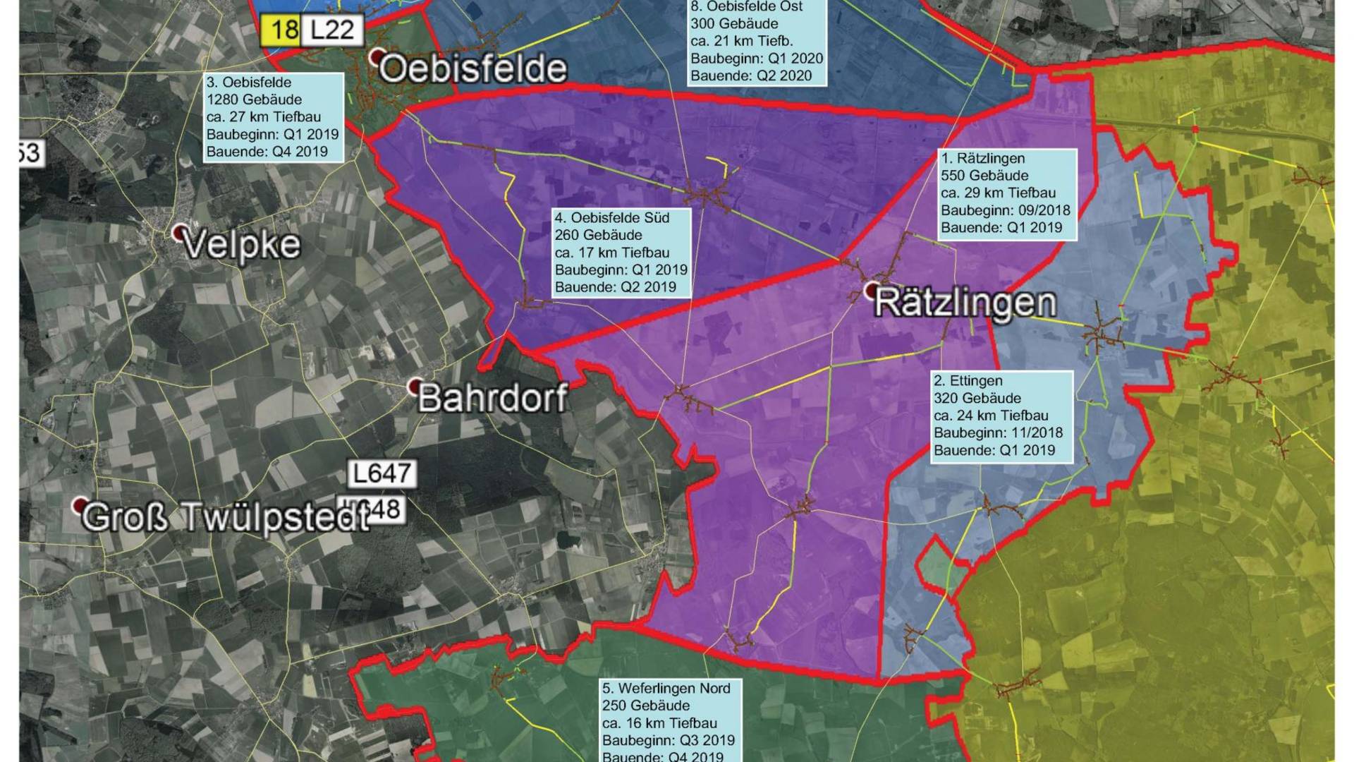 Unter Beachtung der strukturellen Gegebenheiten erfolgte die planerische und bauliche Umsetzung in 9 Clustern. Mit der Umsetzung des Vorhabens besteht für alle Interessierten die Möglichkeit einen Anschluss an das Glasfasernetz zu erhalten