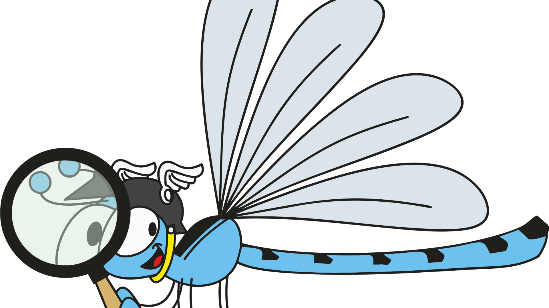 Libelle mit Lupe vor dem Auge